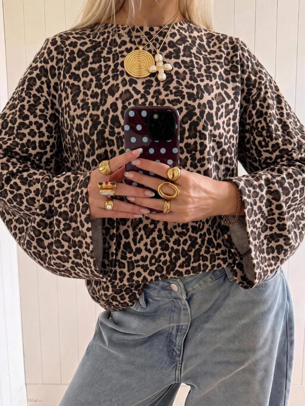 Tan & Brown Casual Women's Leopard Print Loose Fit Long Sleeve Top